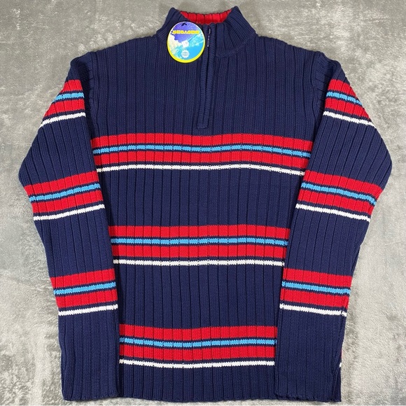 Knit Sweater Men’s Large Chunky Bombardier Key West 1/4 Zip Striped Blue Red - Picture 12 of 13